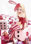  animal_ears bare_shoulders blonde_hair blue_eyes blush breasts bunny_ears bunny_girl bunnysuit checkered checkered_floor cleavage dice elbow_gloves gift gloves highres long_hair medium_breasts open_mouth original oversized_object red_legwear ribbon sitting snowflakes solo spirtie striped striped_legwear thighhighs vertical-striped_legwear vertical_stripes 