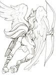  arrow aura_moser auradeva bow bow_(weapon) butt equine flying greaves hair hooves horn horns icarus male mammal pegasus plain_background quiver ranged_weapon solo weapon white_background wings 