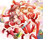  3girls anegasaki_nene artist_request black_hair boots brown_eyes brown_hair christmas gift gloves hair_ribbon hat kobayakawa_rinko long_hair love_plus multiple_girls ponytail ribbon santa_hat short_hair smile takane_manaka thighhighs 