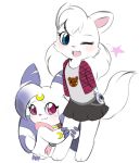  anthro blue_eyes blush breasts claws clothing digimon digimon_(species) digital_media_(artwork) domestic_cat felid feline felis female fur looking_at_viewer lunamon mammal one_eye_closed open_mouth papilrux simple_background smile wink young 