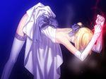  ahoge artoria_pendragon_(all) back bare_shoulders bdsm blonde_hair bondage bound dress elbow_gloves fate/stay_night fate_(series) game_cg garters gloves hair_ribbon highres open_mouth ribbon saber solo sweat takeuchi_takashi thighhighs type-moon wedding_dress 