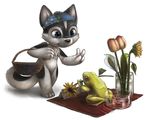  basket blue_eyes calla_lily canine couple cute frog headband hippie lily_(flower) male mammal peace_sign plain_background romantic silverfox5213 sunflower tadpole tail tulip_(flower) v_sign white_background wolf 