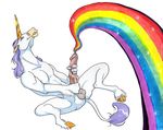  blue_eyes equine grin hair horns lol long_hair masturbation penis purple_hair rainbow rainbow_cum solo unicorn what white 