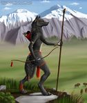  bison bovine bow_(weapon) braids breasts canine female grass hunter loincloth mountain myenia naturally_censored photorealism polearm solo staff tattoo topless tribal underwear weapon werewolf wolf 