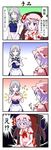  4koma bat_wings bloomers blush braid clothes_theft comic hakoudora highres izayoi_sakuya magic_trick maid maid_headdress multiple_girls remilia_scarlet short_hair silver_hair theft touhou translated underwear underwear_theft wings 