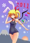 animal_ears bad_id bad_pixiv_id blonde_hair bow bowtie bunny_ears collar flandre_scarlet mount_fuji one-piece_swimsuit red_eyes school_swimsuit short_hair side_ponytail snowflakes solo sumapan sun swimsuit touhou wings 