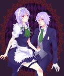  1girl asuka_(ppppink8) braid butler dual_persona genderswap genderswap_(ftm) izayoi_sakuya maid red_eyes short_hair silver_hair touhou twin_braids 