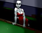  breasts cleavage clothed clothing dress female grey_eyes half-closed_eyes looking_at_viewer pool_(game) pool_table red severus solo temper tight_clothing unknown_species white white_body 