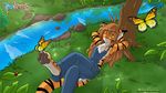  butterfly clothing feline female flora_(twokinds) grass keidran overalls river tiger tom_fischbach tree twokinds webcomic 