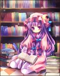  bad_id bad_pixiv_id book bookshelf crescent hat kosuzume long_hair patchouli_knowledge purple_eyes purple_hair sitting solo touhou wariza 