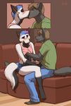  anthro big_tail blush brown_hair canine crossdressing cum cum_string duo gay girly hair handjob kissing male mammal masturbation meesh mutual_masturbation penis precum short_hair sofa tail two_tone_hair wolf 