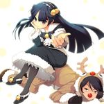  1girl animal_costume black_eyes black_hair christmas gokou_ruri hairband human_chair human_furniture koflif kousaka_kyousuke long_hair mole mole_under_eye ore_no_imouto_ga_konna_ni_kawaii_wake_ga_nai pantyhose red_nose reindeer_costume sitting sitting_on_person 