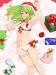  bad_id bad_pixiv_id bell bra christmas frog gift green_eyes green_hair kochiya_sanae leg_garter lingerie lying navel on_back panties rit-rit sack snake solo touhou underwear underwear_only white_panties 