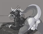  balls bed black_and_white butt claws clothed clothing dragon ear_piercing greyscale hair hood horn horns looking_at_viewer male monochrome narse penis piercing posed razr razr_(character) scalie solo tail 