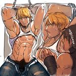 2boys abs armpit bara body_hair bulge cody_travers erection final_fight guy licking looking_at_viewer male_focus multiple_boys muscle nikism pecs penis restrained street_fighter tongue torn_clothes undressing yaoi 