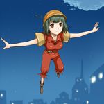  cosplay flying green_hair hat idolmaster idolmaster_(classic) muhi11234 otonashi_kotori perspective peter_pan peter_pan_(character) peter_pan_(cosplay) peter_pan_no_bouken red_eyes short_hair solo 