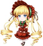  blonde_hair bonnet bow cane chibi dress drill_hair full_body long_hair mtyy rozen_maiden shinku solo transparent_background twintails very_long_hair 