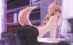  animal_ears ass bent_over blue_eyes computer denim fox_ears fox_tail glasses jeans long_hair looking_back monitor original pants reki_(tiny_fin) solo tail 