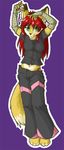  2010 arm_warmer arms_above_head black black_nose clothed colored_background faeore female green_eyes hair long_hair looking_at_viewer navel pants red_hair rusca shirt solo standing tail thong yellow 