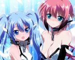  angel_wings bare_shoulders blue_eyes blue_hair blush breasts chain cleavage collar flat_chest ichiyou_moka ikaros large_breasts long_hair multiple_girls nymph_(sora_no_otoshimono) open_mouth pink_hair short_hair sora_no_otoshimono wings 