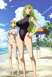  2girls absurdres ahoge beach beach_umbrella bikini blonde_hair blue_eyes breasts brown_eyes cleavage cloud dai_takashi day green_hair hand_on_hip highres huge_breasts kodaira_yoshiyuki multiple_girls non-web_source nyantype ocean official_art one-piece_swimsuit outdoors palm_tree parasol sandals simone_aragon sky star_driver striped striped_swimsuit swimsuit tree umbrella watanabe_kanako water 