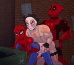  3boys alley anal black_hair bodysuit crossover cum deadpool ejaculation erection gloves grin group_sex hentai_kamen highres magnta male_focus mankini marvel mask multiple_boys muscle nipples outdoors penis peter_parker sex shikijou_kyousuke short_hair smile spider-man spider-man_(series) thighhighs uncensored wince yaoi 