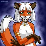  armlet breasts canine collar female fox green_eyes hair jewelry looking_at_viewer piercing solo tag white_hair zenia 