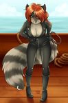 boots breasts cleavage clothed clothing eye_patch eyewear female gloves green_eyes hair leather looking_at_viewer mammal piercing pirate raccoon red_hair rubber ship smile solo spazzykoneko undressing whip zipper 