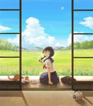  apple bag black_hair cat closed_eyes day field food fruit incense kayari_buta long_hair moon mosquito_coil original school_uniform sheep_sleep sky sliding_doors smile solo veranda 