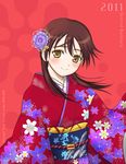  2011 ariga_nao blush brown_eyes brown_hair flower gertrud_barkhorn hair_down hair_flower hair_ornament japanese_clothes kimono long_hair new_year smile solo strike_witches world_witches_series 