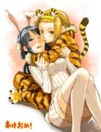  akeome akiyama_mio animal_ears animal_print blush bunny_ears bunny_tail fukutarou_(enji127) happy_new_year k-on! multiple_girls new_year one_eye_closed tail tainaka_ritsu thighhighs tiger_ears tiger_print tiger_tail tongue yuri 