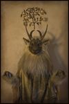 antlers apple apples beast clothed clothing front_view fruit fursuit hooves horn horns hybrid looking_at_viewer photo qarrezel real restricted_palette robes solo 