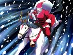  antlers bell boots facial_hair facial_mark fuunsaiki g_gundam gundam hat horns jingle_bell male_focus master_asia migo mustache open_mouth reins riding sack santa_costume santa_hat snowing solo 