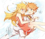  1girl alternate_hairstyle bad_id bad_pixiv_id blonde_hair blue_eyes brief_(psg) carrying couple dress fish green_eyes halo hetero kitsuta long_hair orange_hair panty_&amp;_stocking_with_garterbelt panty_(psg) petals princess_carry red_dress tuxedo 