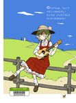  back_cover barcode bobby_socks check_translation closed_eyes cover crossed_legs dress farm fence green_hair hasegawa_keita hat instrument kazami_yuuka pinafore_dress plaid plaid_dress short_hair sitting sleeves_rolled_up smile socks solo straw_hat touhou translated translation_request ukulele 