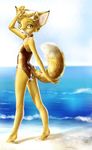  4_fingers agnes anthro barefoot beach big_ears big_eyes breasts butt canine cute detailed eyewear fantastic_mr_fox female fennec flat_chested fox freckles fur goggles hi_res human_feet looking_at_viewer looking_back mammal n_cesra one-piece_swimsuit plantigrade pose raised_tail realistic rubber sand sea seaside shiny small_breasts solo standing summer swimsuit tail tiptoes water wet yellow_eyes yellow_fur young 