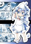  5girls adjusting_hair apron barefoot blue_eyes blue_hair chibi cirno comic cup daiyousei fish frog hair_bobbles hair_ornament ham_(points) head_scarf heart ice luna_child mouth_hold multiple_girls musical_note plate sakazuki silent_comic star_sapphire sunny_milk touhou wings 
