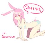  2011 all_fours animal_ears barefoot bra breasts bunny_ears chan_co cleavage lingerie long_hair medium_breasts new_year original pink_hair red_eyes solo tail underwear 