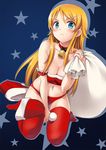  aqua_eyes bad_id bad_pixiv_id bell blonde_hair blush breasts christmas cleavage ekusa_takahito frown glaring hair_ornament hairclip hat hat_removed headwear_removed kneeling kousaka_kirino long_hair medium_breasts navel ore_no_imouto_ga_konna_ni_kawaii_wake_ga_nai red_legwear sack santa_costume santa_hat solo thighhighs 