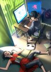  axis_powers_hetalia bad_id bad_pixiv_id barefoot book china_(hetalia) chinese_clothes computer curtains drooling fan from_above headphones highres japan_(hetalia) korea_(hetalia) long_hair multiple_boys neon_genesis_evangelion nerv pillow silhouette slippers trash_can yuanmaru 