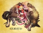  animal big_bad_wolf_(grimm) black_legwear blonde_hair blue_eyes death grimm's_fairy_tales guro intestines little_red_riding_hood little_red_riding_hood_(grimm) lying scissors short_hair sitting smile solo thighhighs torn_clothes torn_legwear ume_(illegal_bible) wolf 