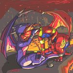  biting blood cynder disembowelment dragon fight flare flare_(std) gore guro guts gutted horn horns intestines jewelry lava purple purple_body red red_body scalie spyro_the_dragon tail unknown_artist video_games wings 