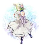  1girl backless_dress backless_outfit bow dress elbow_gloves flower gloves green_hair hat hat_flower hat_ribbon highres hoe_satsuki kneeling macross macross_frontier macross_frontier:_sayonara_no_tsubasa own_hands_together puffy_short_sleeves puffy_sleeves ranka_lee ribbon short_hair short_sleeves solo sun_hat white_dress white_gloves white_hat 