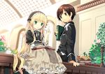  1girl blonde_hair book brown_eyes brown_hair candy flower food frills gosick gothic_lolita green_eyes hairband hanabana_tsubomi highres kujou_kazuya lolita_fashion open_mouth petticoat pipe sitting smile victorica_de_blois 