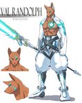  68 abs animal_ears anthro aqua_eyes armor belt biceps blue_eyes boots brown_fur brown_nose canine clothing dog energy_sword fur furry glaive glow glowing leather light_saber lightsaber looking_at_viewer male male_focus mammal muscle muscles original pants pecs personification plain_background polearm pose simple_background solo spear standing sword tattoo text toned topless val_randolph weapon white_background 