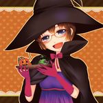  bad_id bad_pixiv_id brown_hair glasses gloves grey_eyes halloween hat jack-o'-lantern ore_no_imouto_ga_konna_ni_kawaii_wake_ga_nai pumpkin saotome_mirai short_hair solo tamura_manami tray witch_hat 