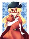  bad_id bad_pixiv_id blonde_hair bow brown_eyes cape dress elbow_gloves feathers gloves hat highres itasato_amiko jinzou_konchuu_kabutoborg_vxv long_hair mask open_mouth smile solo uranaishi_(miraura) venezian 