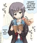  /\/\/\ 1girl book bored brown_eyes bukkake cardigan cum cum_on_clothes cum_on_hair enoshima_iki expressionless facial hands hard_translated holding looking_at_viewer male male_masturbation masturbation nagato_yuki penis penis_grab reading school_uniform serafuku short_hair silver_hair solo standing suzumiya_haruhi_no_yuuutsu text translated uncensored uniform uninterested 