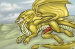  blue_eyes cloaca dragon gold horns male penis precum scalie solo tail tojo_the_thief wings 