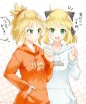  2girls :d ahoge artoria_pendragon_(all) black_bow blonde_hair bow eyebrows_visible_through_hair fate_(series) green_eyes hair_bow hair_ornament hair_scrunchie hand_in_pocket high_ponytail hood hood_down hooded_sweater long_hair looking_at_viewer mordred_(fate) mordred_(fate)_(all) multiple_girls open_mouth orange_sweater print_sweater red_scrunchie saber_lily scrunchie shiny shiny_hair smile standing sweater touru_10ru twitter_username upper_body white_sweater 